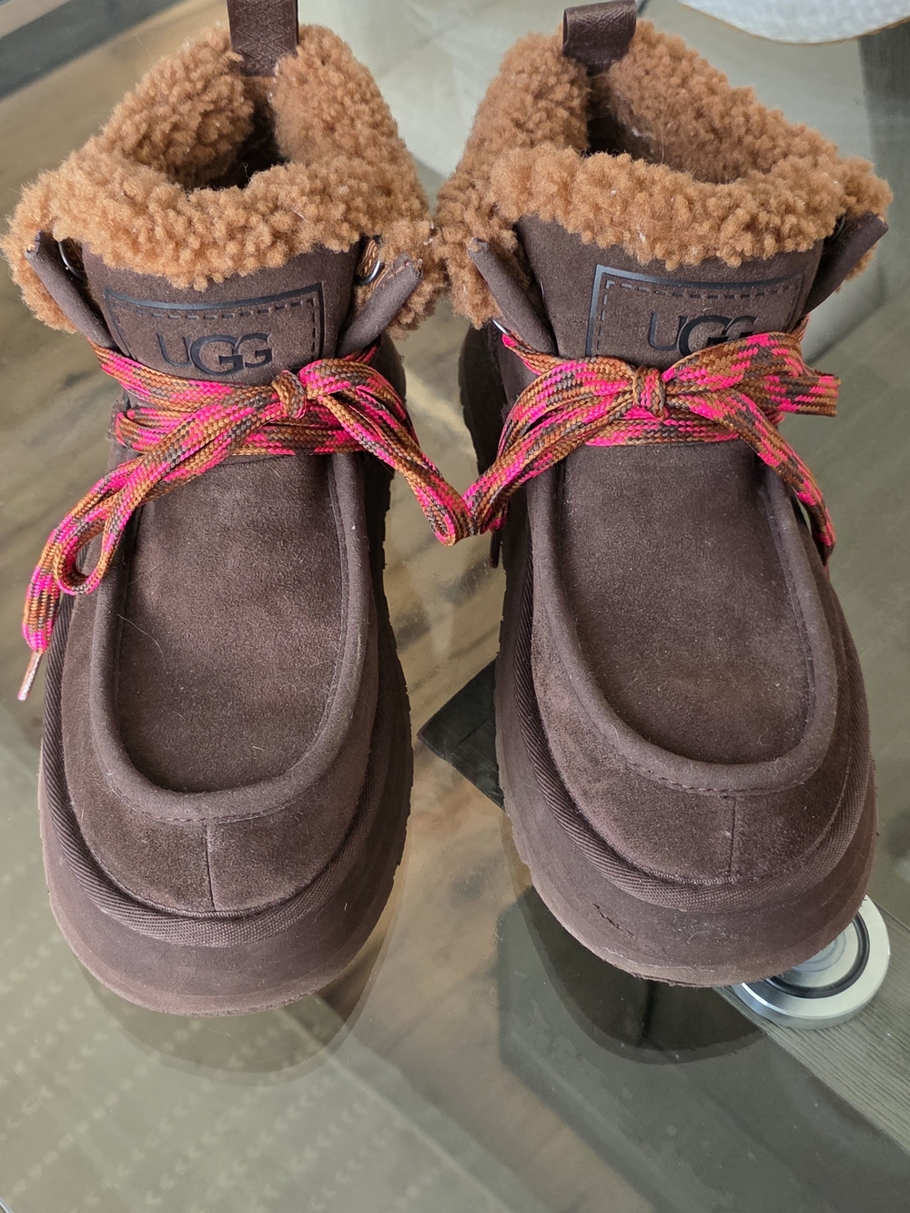UGG Funkarra Cabin Cuff Boot- Brown Suede Boots with Pink Accent Laces
